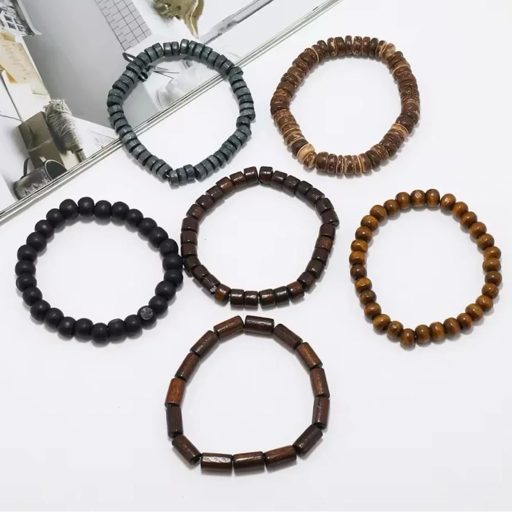 3 For $35 Bohemian Natural Wood Stacked Dyed Bead Bracelet Set